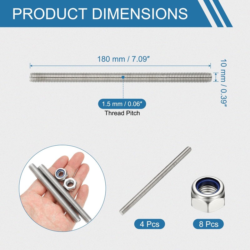 PATIKIL 4 Pcs Fully Threaded Rod, M10 x 180mm 304