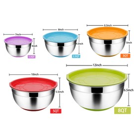 TeamFar Mixing Bowls with Lids Set, 1 / 1.5 / 2.5 / 3.5 / 7 QT, Stainless Steel Large Metal Nesting Salad Bowl Set of 5, Healthy & Sturdy, Non-slip Bottom & Airtight Lid-Multi-Color