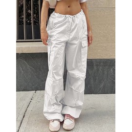 LQI Parachute Pants for Women Y2K Baggy Cargo Pants Drawstring Trousers Low Rise Loose Jogger Sweatpants White
