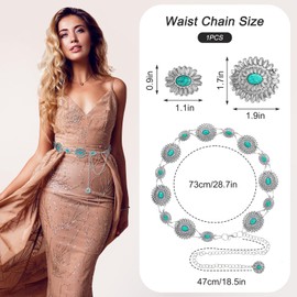 Prasacco Turquoise Belt for Women Western Belt Metal Concho Belts Western Chain Cowgirl Belts for Dresses Jeans Skirts Country Concert Outfit