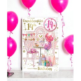 Granddaughter 14th Birthday Card & Badge - Age 14 Table Chair Balloons 9x6"