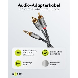 goobay 65288 Stereo RCA to Jack 3.5 Aux Cable 2 m / HiFi Audio Aux Cable for Smartphone; Console; System/Textile Sheath/Gold-Plated