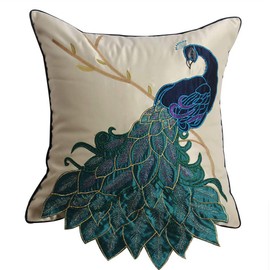 vctops Elegant Embroidered Peacock Decorative Throw Pillow Case Silky Satin Cushion Cover Peacock 2 18"X18"