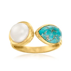 Ross-Simons 7.5-8mm Cultured Pearl and Turquoise Toi Et Moi Ring in 18kt Gold Over Sterling. Size 8