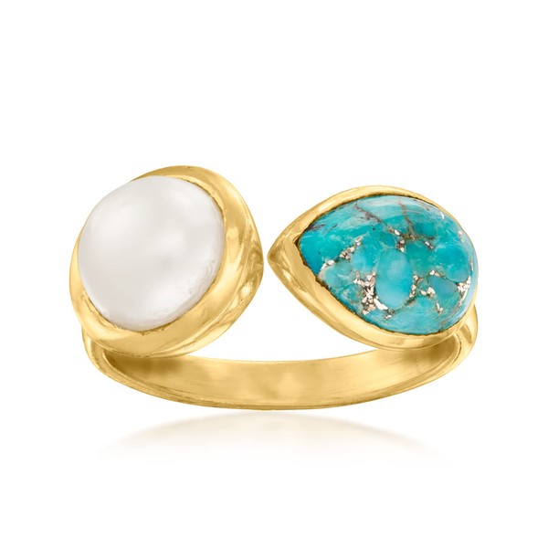 Ross-Simons 7.5-8mm Cultured Pearl and Turquoise Toi Et Moi Ring
