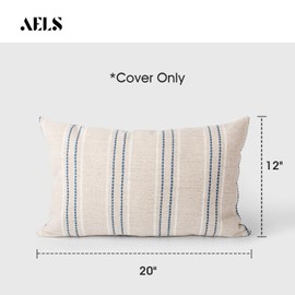 AELS 12x20 Decorative Farmhouse Linen Throw Pillow Covers, Boho Textured Pillow Case, Set of 2, Beige with White & Navy Blue Stitch Yarn Dyed Stripe Cushion Cover for Couch Living Room (Cover ONLY)