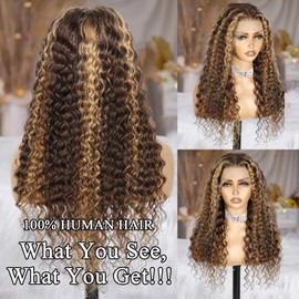 Honey Blonde 13x6 Deep Wave Lace Front Wigs Human Hair 30 inch 4/27 Highlight Ombre Deep Wave HD Transparent Lace Front Wigs Pre Plucked 180% Density Wet And Wavy Curly Lace Frontal Wig for Women