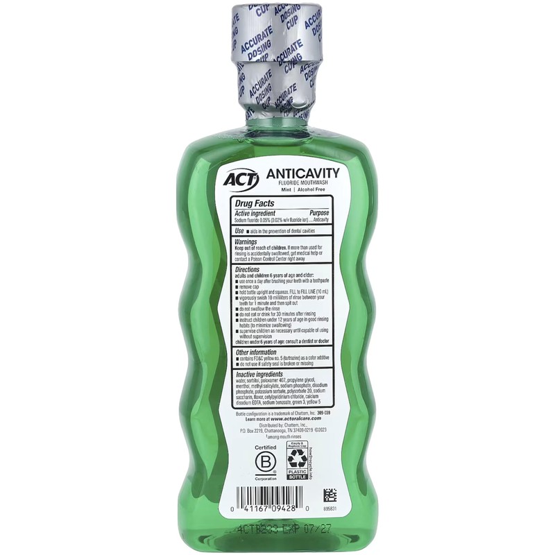 ACT Anticavity Fluoride Mouthwash, Mint, Alcohol Free, 18-Ounce Bottle (Pack