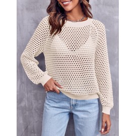 Saodimallsu Women's Crew Neck Mesh Long Sleeve Tops Plain Elegant Jumper Sweater, beige, M