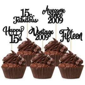 30 piezas de adornos para cupcakes de feliz cumpleaños 15 con purpurina, quince púas clásico de 2009, para 15 fabulosas decoraciones de tartas para 15 cumpleaños, bodas, aniversarios, fiestas, suministros de color negro