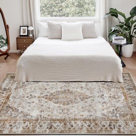 Joydeco 5x7 Area Rugs for Living Room, Machine Washable Vintage Area Rugs, Low Pile Non Slip Carpet, Lightweight Chenille Print Rug for Bedroom, Dining Room, Home Office, Light Coffee