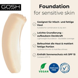 GOSH Foundation with SPF 15 for Light & Dark Skin, Vegan, Mattifying Makeup for Dry, Sensitive & Oily Skin, Smudge-proof and Sweat-Proof, Oil-Free, Coverage Adjustable, No Mask Effect, 004N