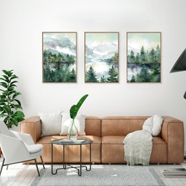 Celestdeco Watercolor Mountain Framed Canvas Wall Art Set, Boho Forest Wall Decor, Nature Green Pines Wall Painting, Forest Wilderness Artwork for Living Room, Bedroom, Dining Room, Office - 24"x36"x3