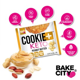 Bake City Cookie Plus Keto | 1oz Peanut Butter Cookies (12 pack), Gluten Free, 0g Sugar, Only 1.5g Net Carbs, Good Fats, 5g Protein, Kosher, No Artificial Flavors