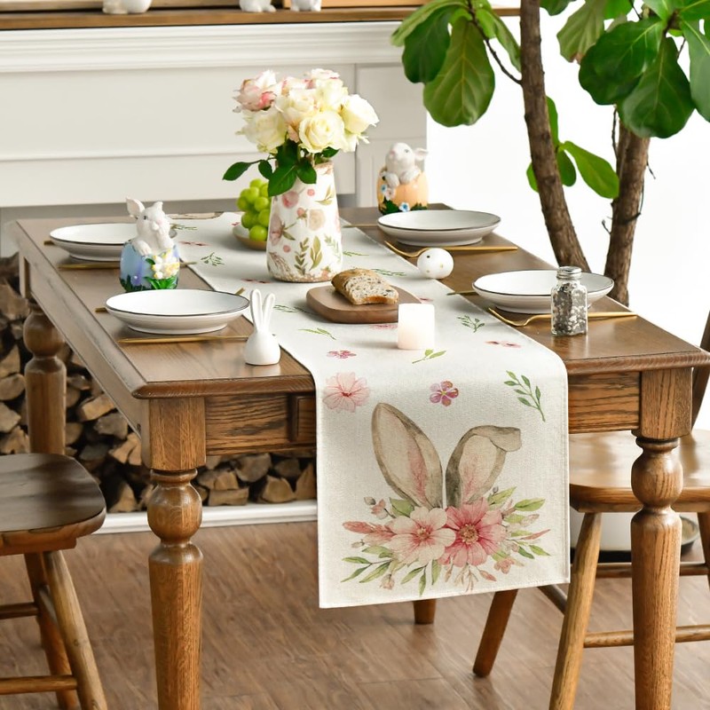 Artoid Mode Flower Rabbit Ears Easter Egg Easter Table Runner,