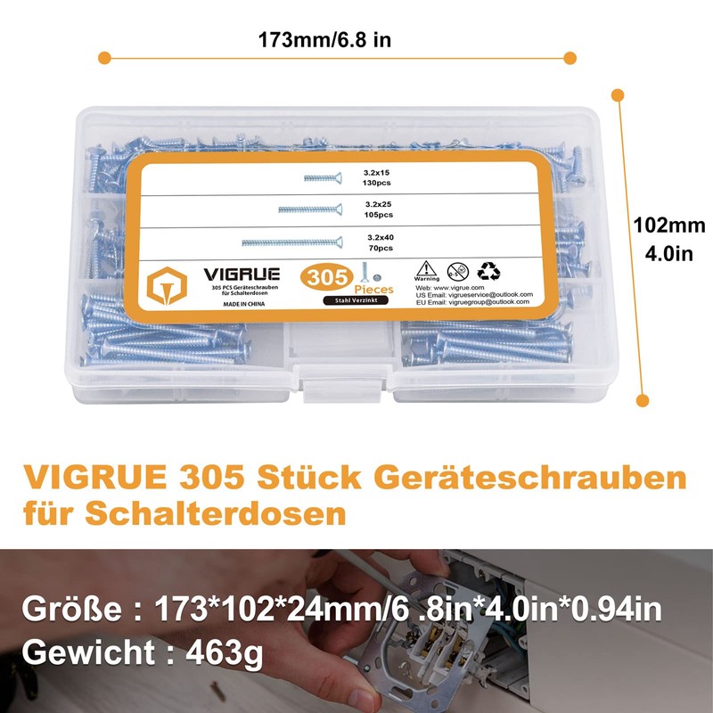 VIGRUE Pack of 305 Device Screws for Switch Boxes, Socket