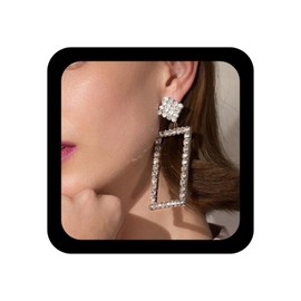 YienDoo Long Crystal Square Drop Earrings Large Square Hoop Earrings Silver Hanging Square Pave Rhinestone Crystal Dangle Earrings Statement Crystal Rectangle Sparkling Prom Earrings for Women