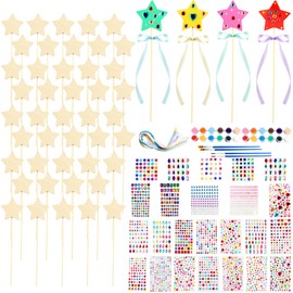 122 Pcs Unfinished Star Princess Fairy Wands Kit Make Your Own Princess Wand DIY Art Craft Magical Wand Include 48 Star Wooden Fairy Wands 24 Gem Stickers 48 Ribbons 12 Markers for Kids Party Supplies