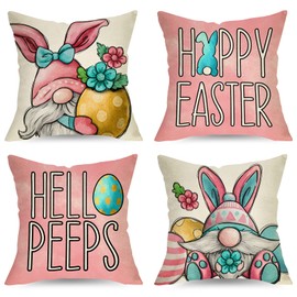Ussap Happy Easter Bunny Gnome Decorative Throw Pillow Covers 18 x 18 Set of 4, Hello Peeps Eggs Rabbit Cushion Case Decor, Pink Spring Home Decoration for Sofa Couch