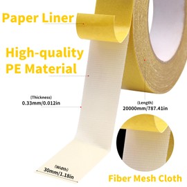 Piuluvor® 2 Rolls Double-Sided Tape, 20 m × 3 cm Double Sided Tape, Strong Carpet Tape, Double-Sided for Carpets, Metal, Plastic, Cardboard, Tiles