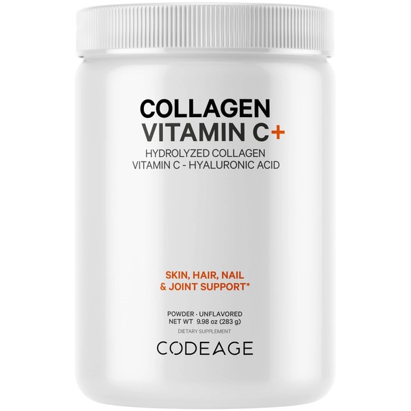 Codeage Collagen Peptides Powder + Vitamin C, Digestive Enzymes, Hyaluronic Acid, Amino Acids - Hydrolyzed Protein Collagen Type I & III Grass Fed Collagen - Non-GMO, Gluten-Free, Unflavored - 9.98 oz