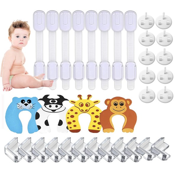 Baby Proofing Kits, Child Safety Cupboard Locks Table Corner Protectors for Kids Door Finger Pinch Guards Safety Baby Home Socket Covers (34Pcs)