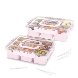 REBECAT Divided Serving Tray with Lid and Handles 9 Compartments Snack Box Container Charcuterie Organizer Snackle Box Container for Candy,Nuts，Fruits,Snacks,2 Pack,Pink