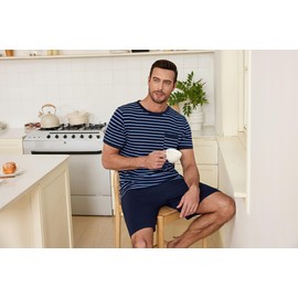 Jahetuul Men's Short Cotton Summer Pyjamas with Contrast Stripes Design Pyjamas Men's with Crew Neck Pyjamas Men's Short for Father and Partner, blue