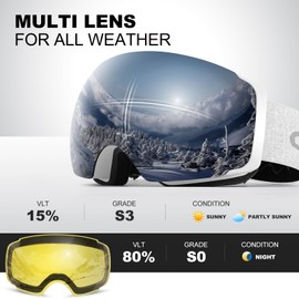 Odoland Magnetic Interchangeable Ski Goggles with 2 Lens, Large Spherical Frameless Snow Snowboard Goggles for Men Women, White Frame Sliver Lens vlt 15%