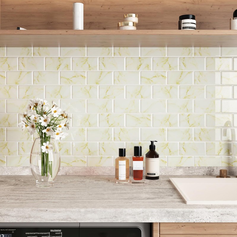 Wallercity Glossy Marble Beige/Yellow Peel and Stick Backsplash for Kitchen