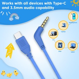 INFURTURE CH5 USB C/3.5mm Kids Headphones with Mic for Children Boys Girls, Line Control,Volume Limit 94dB, On Ear/Wired Headphones for School, Travel, for Cellphones, Tablets, PC, Kindle（Blue）