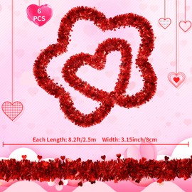 Alupssuc 6 Pieces Total 50 FT Valentines Day Tinsel Garland with Heart Sequins, Metallic Shiny Twist Valentine Garlands Hanging Decorations for Wedding Party Indoor and Outdoor Decor, Red