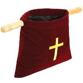 Abbylike Velvet Church Offering Bag with Wooden Handles 10 Inch Religious Offering Pouch Handle Church Collection Bag for Churches Communion Supplies (Red)