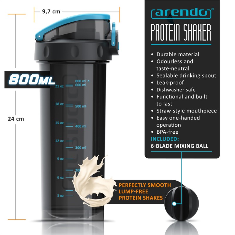 arendo Protein Shaker Bottle, BPA-Free with Mixball, 800ml, Leakproof, Perfect