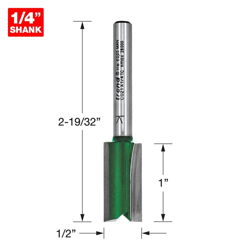 Trend CraftPro Straight Two Flute Router Cutter Bit, 1/4 Inch