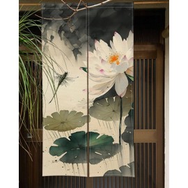 XMJJKUF Noren Japanese Doorway Curtain Chinese Ink Painting Lotus Dragonfly Printed Window Treatment Door Tapestry Polyester for Room Privacy Divider Home Kitchen Decorations 28.3" Width x 47.2" Long
