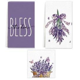 Spring Lavender Flowers Kitchen Towels Dish Towels, 16x24 inch Bless Purple Lavender Floral Kitchen Towels Set of 3, Decorative Hand Towels for Spring Summer Kitchen Decoration