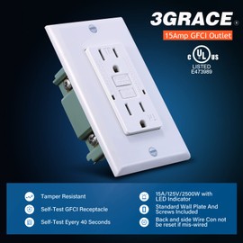 3GRACE 15 Amp GFCI Outlet, Tamper-Resistant GFI Receptacle with LED Indicator, Self-Test Ground Fault Circuit Interrupter, Decorator Wall Plates and Screws Included, UL Listed, White（1 Pack）