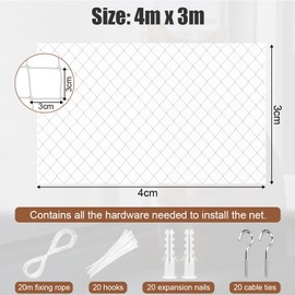 URAQT Cat Net for Balcony, 3 x 4 m Nylon Cat Protection Net, No Drilling, Cat Grid Window, Cat Protection Net for Cats for Securing Balconies, Patios, Windows, Roof Hatches, Doors