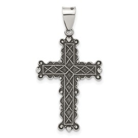 Ornate Handcrafted Oxidized Sterling Silver Cross Pendant Necklace for Men and Women with Textured Scroll Design, Faith Inspired Religious Jewelry and Vintage Lattice Pattern Heirloom Style Charm