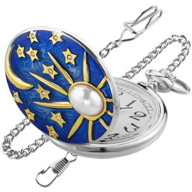 Relief Sculpture Sea Blue Stars and Moon Quartz Pocket Watch,for Men,Pocket Watches Necklace Inlaid Pearls Pocket Watch