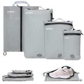 YEEKORO 4 Set Vacuum Bags for Travel, Professional Reusable Organizer Bag with IPX8 Waterproof Zipper, Compression Bag for Suitcases, Durable Seal Space Saver Bags -Traveling Essentials (Grey,No Pump)