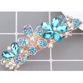 Large crystal flower hair clip for women; simple diamond ponytail clip with a high-end temperament headpiece. (Blue)