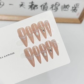 Handmade Press On Nails Long MouyouGlow, Stiletto Nude Pink Sweet 3D Pearl Striped Fairy Rhinestones Resuable Fake Nails, Handmade Artificial Fingernails, 10 Pieces, 219-XS