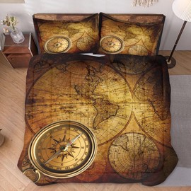 WeCozy King Size Comforter Set with 2 Pillowcases, Vintage Retro World Map Soft 3 Pcs Bedding for Kids and Adults Bedroom Bed Decor
