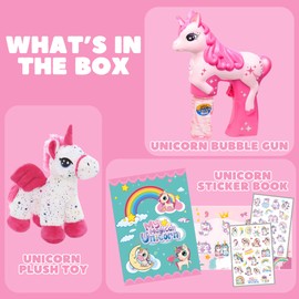 Unicorn Surprise Toy Box: Magical Bubble Gun and Reusable Sticker Book Set with Surprise Plush Unicorn - Enchanting Fun for Kids, Toddlers, Boys & Girls