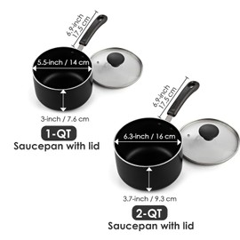 Cook N Home Nonstick Sauce Pan Set 1Qt and 2Qt, Multi-purpose Pots Set Saucepan Kitchenware with Glass Lid, Black, Aluminum