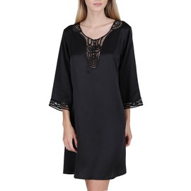 OSCAR ROSSA Women's Luxury Silk Sleepwear Hand Crafted ¾ Sleeves 100% Mulberry Silk Nightgown Sleep Dress, Black, M