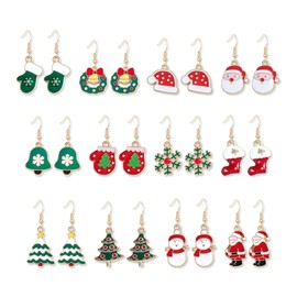 12Pairs Christmas Earrings for Women Set Crystal Enamel Rhinestone Xmas Hook Dangle Earrings Set Novelty Christmas Jewelry for Women Holiday Festive Jewelry Gifts