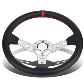 DNA MOTORING 350mm 3" Deep Dish Racing Steering Wheel 6-Bolt 3 Spoke Universal Aluminum Vinyl Leather Car Sport Steering Wheel, Silver Spoke/Red Stripe, SW-T520-SL-RD
